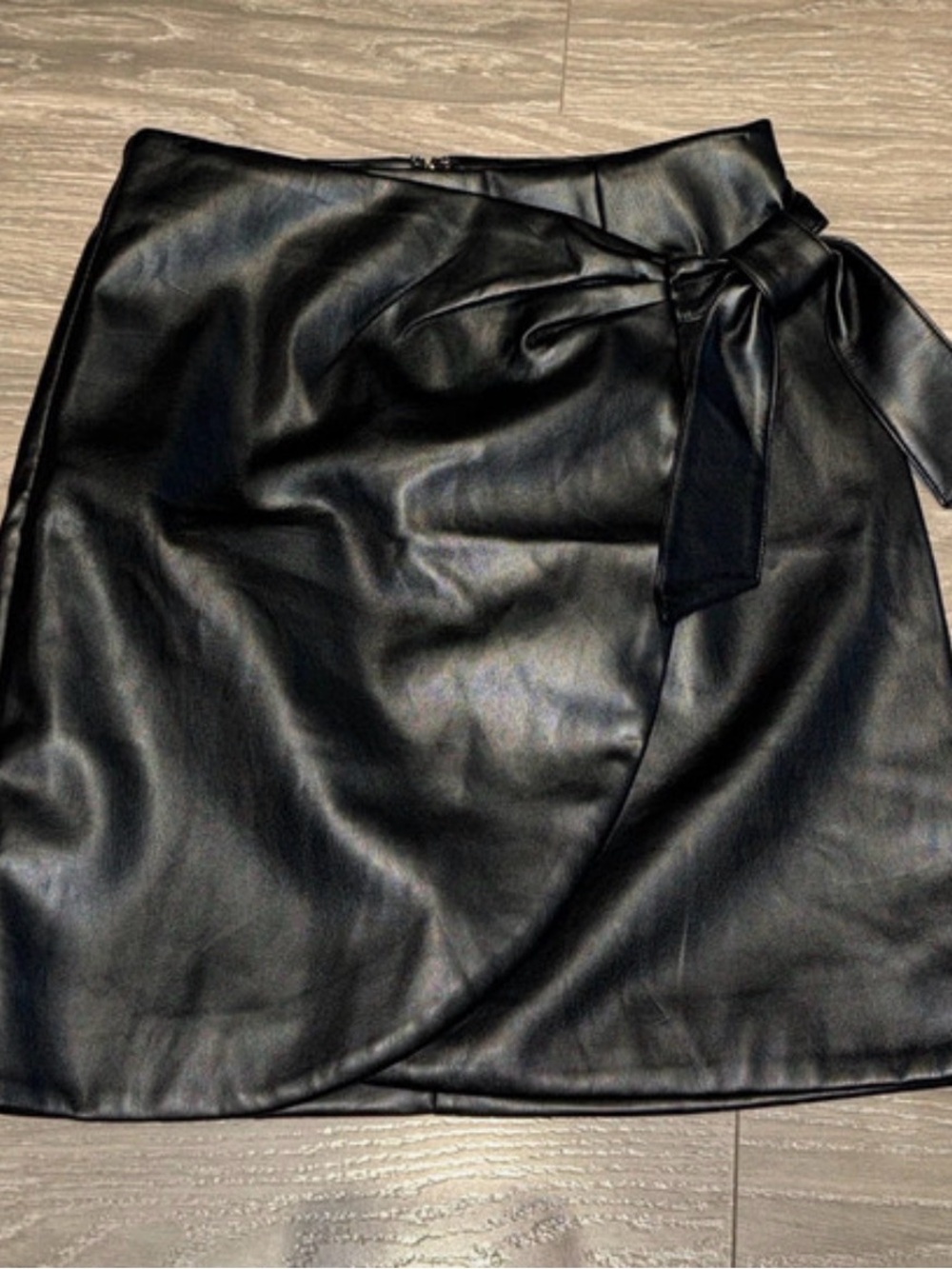LOFT Black Faux Leather Wrap Mini Skirt with Side Tie 00P